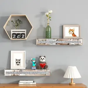 Set of 2 Mirrored Floating Shelves for Wall Decor Storage, Glitter Glass Wall Mounted Shelves for Bedroom, Living Room, Bathroom, Kitchen, Office and More, Silver