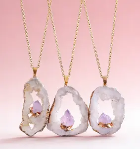 Irregular Agate Slice Pendant with Amethyst Crystal Druzy Gold Plated Necklace Natural Stone Jewelry