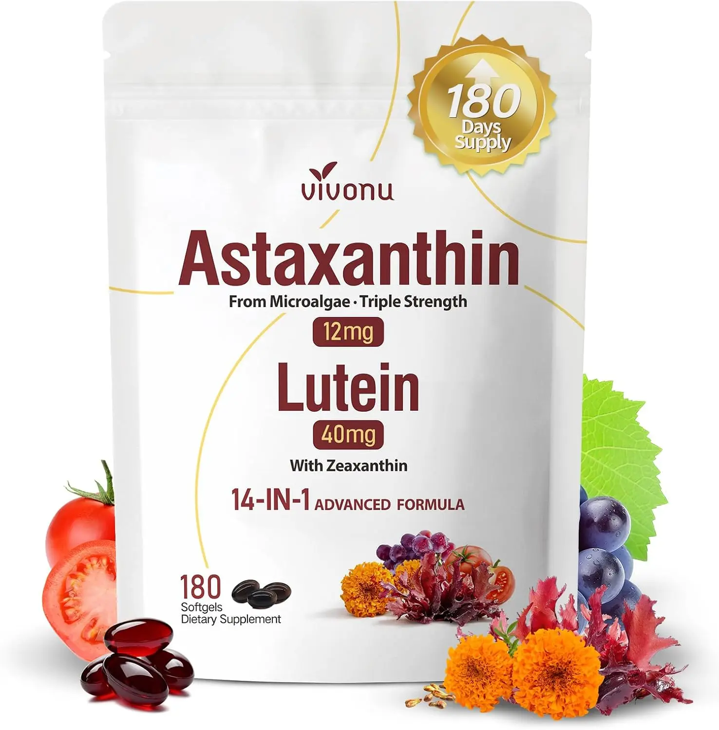 14-in-1 Astaxanthin 12mg & Lutein 40mg with Zeaxanthin Supplements Softgels | 6 Month Supply, Fresh Microalgae Source, Supports Eye, Skin, Antioxidant, Joint, Circulatory Health Non-GMO Gluten Free, 1Bag