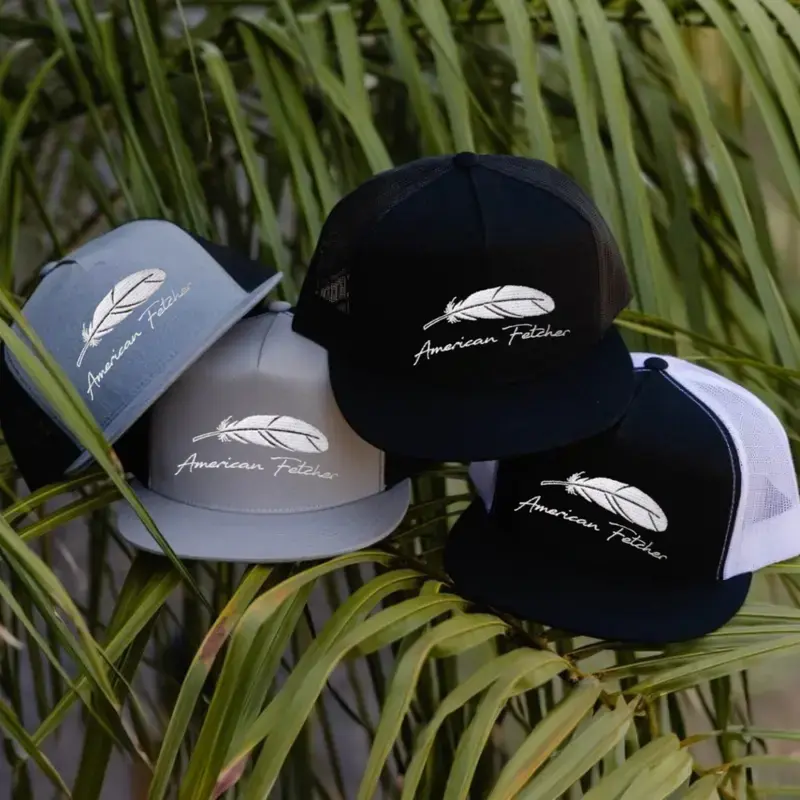 American Fetcher Feather Hat, Embroidered Trucker Snapback Cap, Flatbill Mesh Baseball Hat, Adjustable Outdoor Hunting Lifestyle Cap for Men and Women, White