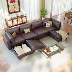 4- 8 Seat Modular Sectional Sofa, Convertible L & U Shaped Couch with Storage, Modern Leather Couch with Ottomans, Faux Leather Sectional Couches for Living Room, Office, Apartment, Dark Brown