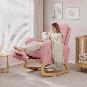 Modern Nursery Rocking Chair - High Backrest, Comfortable Glider Recliner for Living Room & Bedroom with Reclining Footrest, Plush Seat, Wooden Legs & Side Pocket
