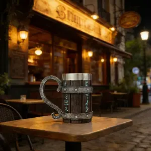 2026 New Best-Selling Viking Runestone Traditional Wooden Bucket Beer Cup, Bamboo Strip Wood Bucket Mug, Large Capacity Bar Resin Mug