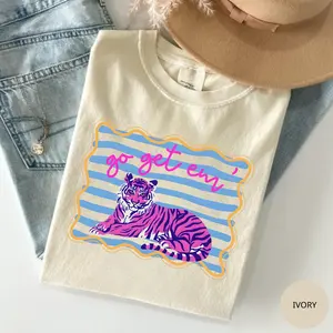 Comfort Colors 'Go Get Em' Tiger TShirt, Colorful Retro Trendy Striped Tiger Tee Gift for Her, Cotton Fabric