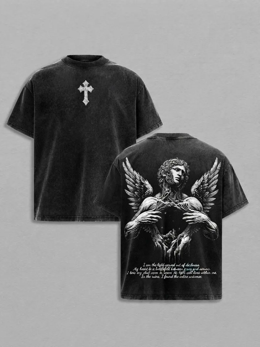 Fallen Angel Vintage Washed Tee | Dark Aesthetic Streetwear | Broken Wings Faith Graphic Shirt | Light Within Darkness Design | Emotional Art Tee | Jesus Apparel Christian Bible Verse
