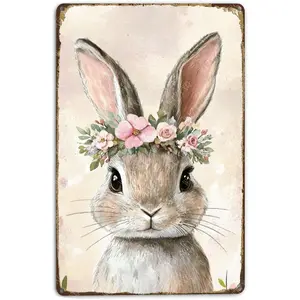 Spring Tin Sign Funny Rabbit Easter Metal Sign Retro Wall Decor for Office Bedroom Farmhouse Kitchen Cafe Living Room Yard