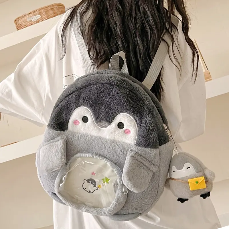 Plush Penguin Backpack with Clear Display Pocket & Mini Messenger Charm | Kawaii Ita-Bag Style Rucksack with Fluffy Wings | Lightweight Travel Daypack for Collectibles & Daily Essentials