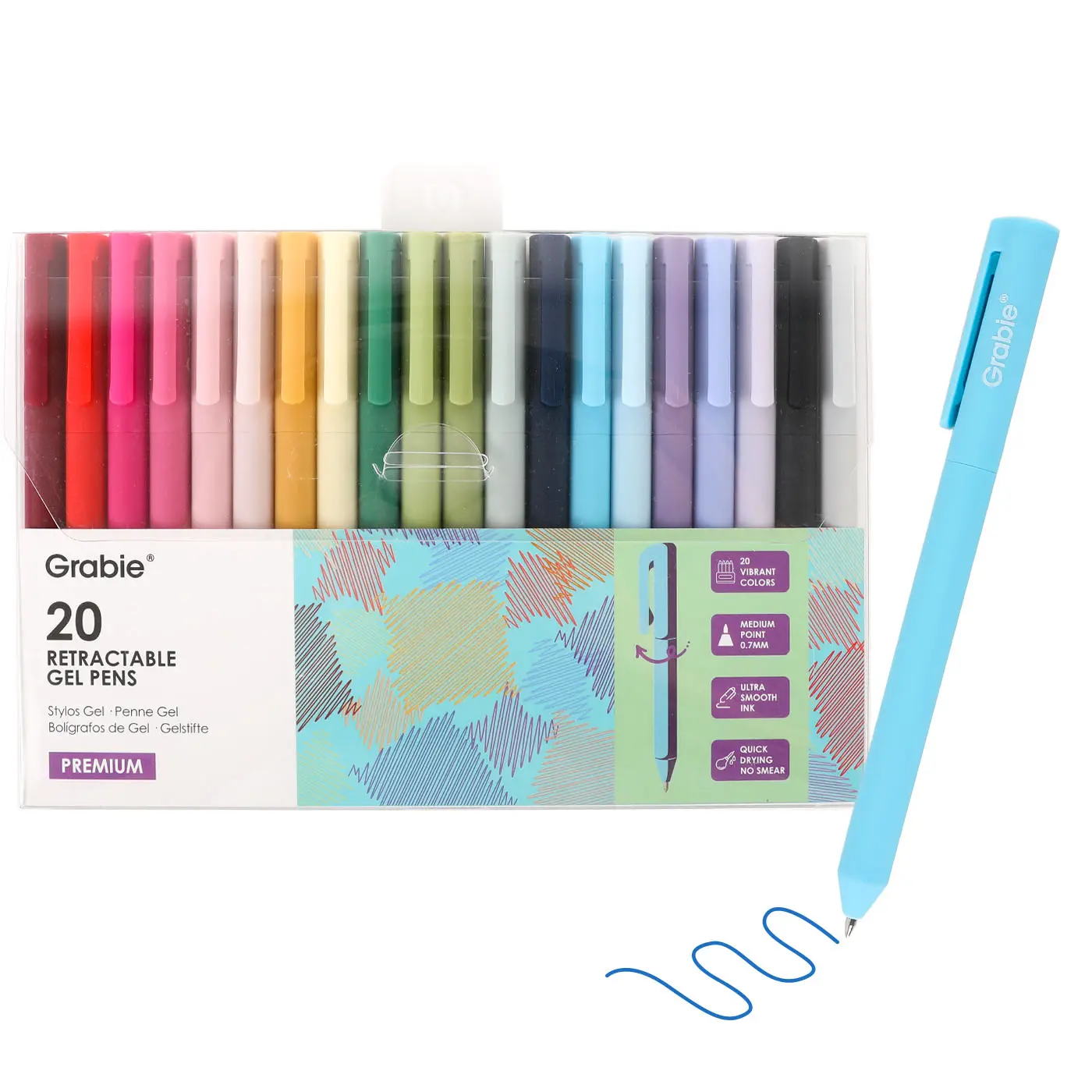 Grabie Retractable Colored Gel Pen Set (20-Piece) - Back to School, Class Reward Gift Idea, School Supplies, 0.7mm Medium Point, Colored Pens for Note Taking