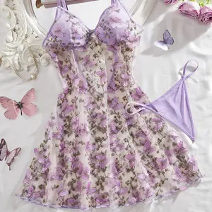 Women’s embroidered camisole dress | Tie-detail sexy nightdress/sleepwear, sheer mesh embroidered thong panties, seamless two-piece set for everyday wear at home, travel, and honeymoon outfits