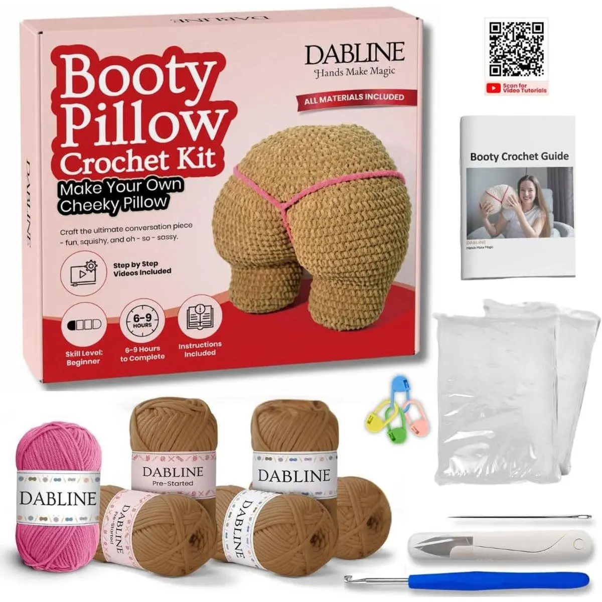 Crochet Pillow Kit for Beginners – Easy DIY Crochet Starter Kit with Pre-Started Yarn & Step-by-Step Video Tutorials – Learn to Crochet Kit Gift for Women & Men