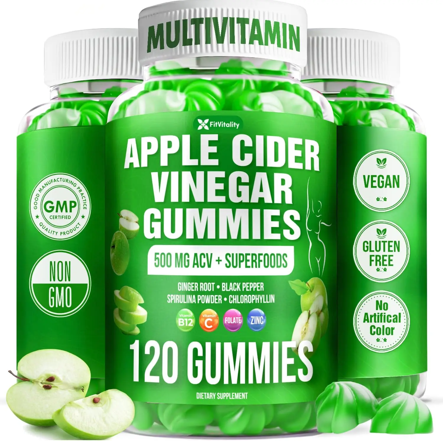 120 Premium Apple Cider Vinegar (ACV) Gummies, Formulated with Vitamin B12, Zinc, Ginger & Vitamin C | Vegan - Gluten Free - Non GMO