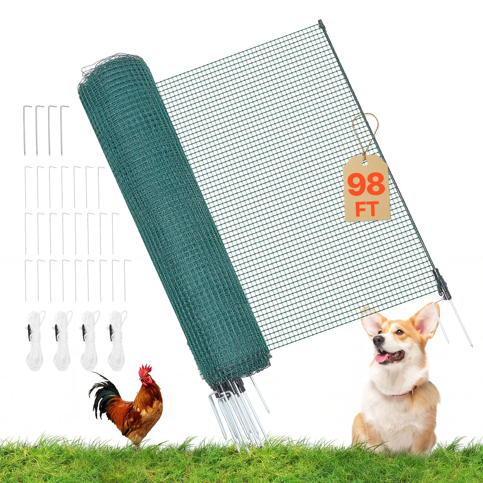 【SummerFinds】VEVOR Temporary Fence with Posts, 3.9 x 98.4 FT Plastic Mesh Fencing, Garden Safety Fences Netting with Double-Spike Stakes & Guy Ropes, Temporary Fence for Dogs, Chickens, Plants, Outdoor Yards