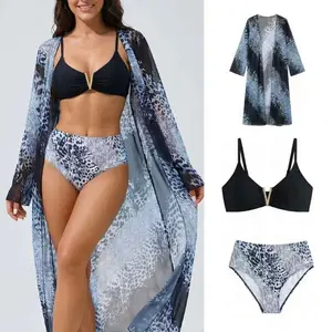 3 Pieces Women's Bikini Set,  Women High Cut Swimsuit, String Sexy Swimwear/ Bating Suit with Mesh Cover up- S-3XL