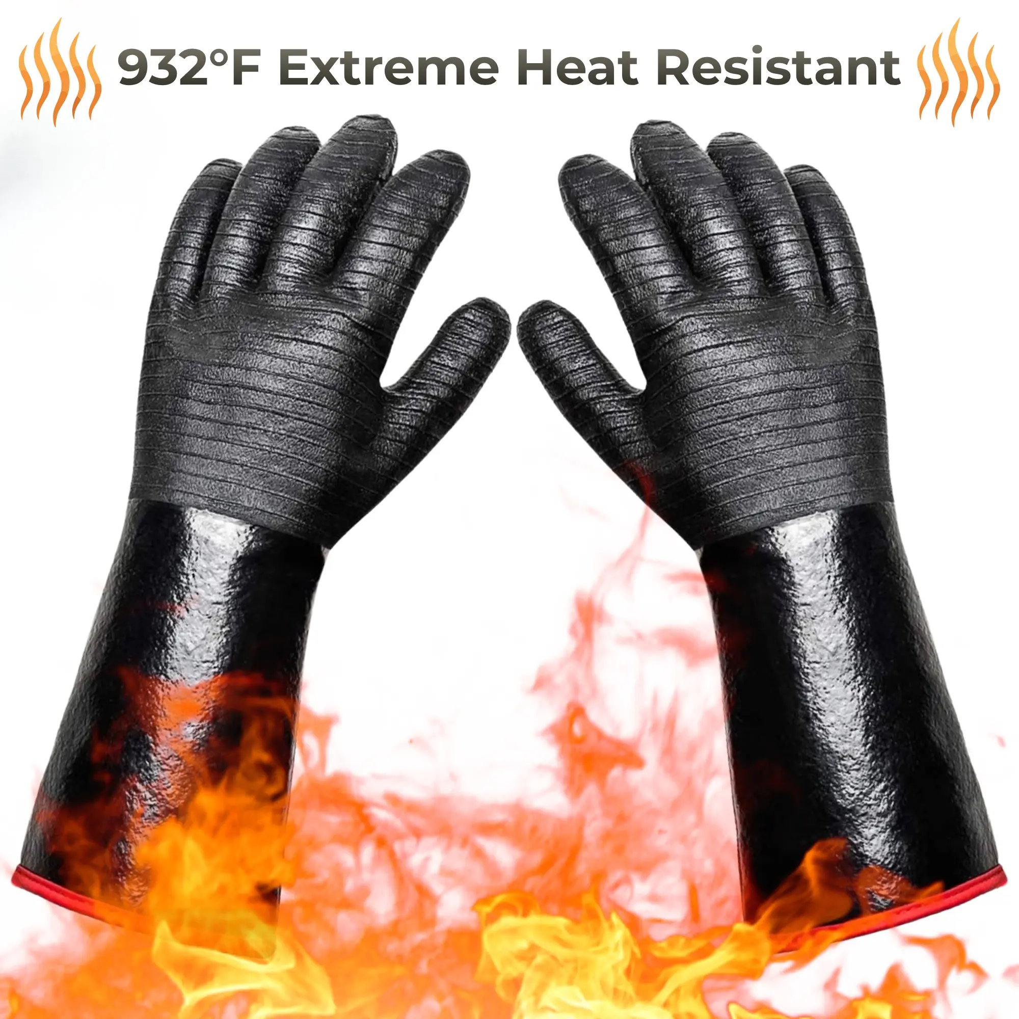 932°F Extreme Heat Resistant Gloves for Grill BBQ, Waterproof Long Sleeve Pit Grill Gloves for Fryer, Baking, Oven, Smoker, Fireproof, Oil Resistant Neoprene Coating（14-Inch)