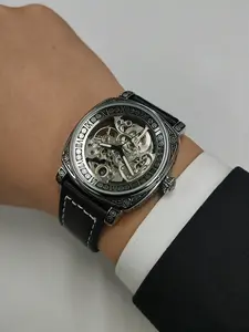 Men's Skeleton Automatic Mechanical Watch | Hollow Dial Design | Retro Engraved Case | Leather Strap | Classic Roman Numerals | Analog Watch | Business Automatic Wristwatch | Business and Casual Watch | Stylish Gift Watch