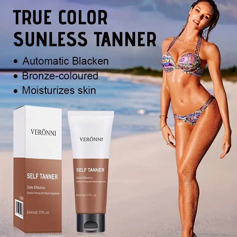 Sunless tanning cream set. When applied with the included gloves, it spreads evenly and smoothly for a refined finish. You can achieve a healthy bronze glow without sun exposure. Suitable for all over the body, it’s moisturizing, non-greasy, and easy to a