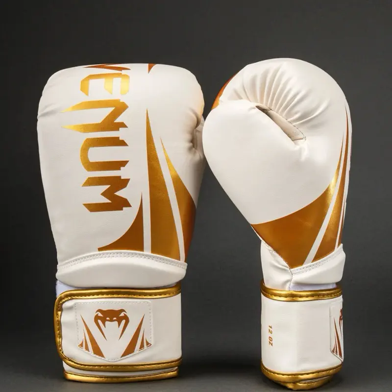 Venum White & Gold Boxing Gloves with Logo Design for Training and Combat 10 onz