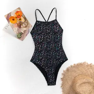 "Thin Strap Iridescent Glitter Speckled One - Piece Swimsuit" Women's Black Marble One-Piece Swimsuit teen girl dealsforyoudays