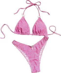 Women's Plaid Gingham Bathing Suit High Waisted Halter Triangle Swimsuit Bikini Set