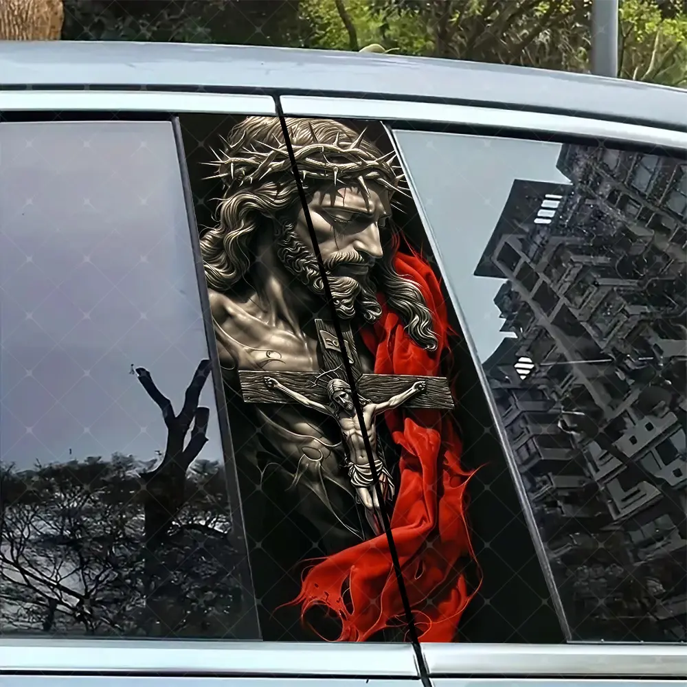 2pc Retro Cross Jesus Vinyl Sticker, Car B Pillar Protection Decal, Automotive Vinyl Decal, Easy Peel & Stick, Sunproof Waterproof Scratch Resistant, Car Decals, Truck Car Decal, Decal For Cars, Universal Car Sticker, Decal For Trucks