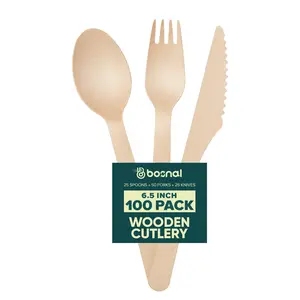 Bosnal – Wooden Disposable Cutlery Set, 6.5 inch, 100 Pcs Knives Utensils Tableware Fork