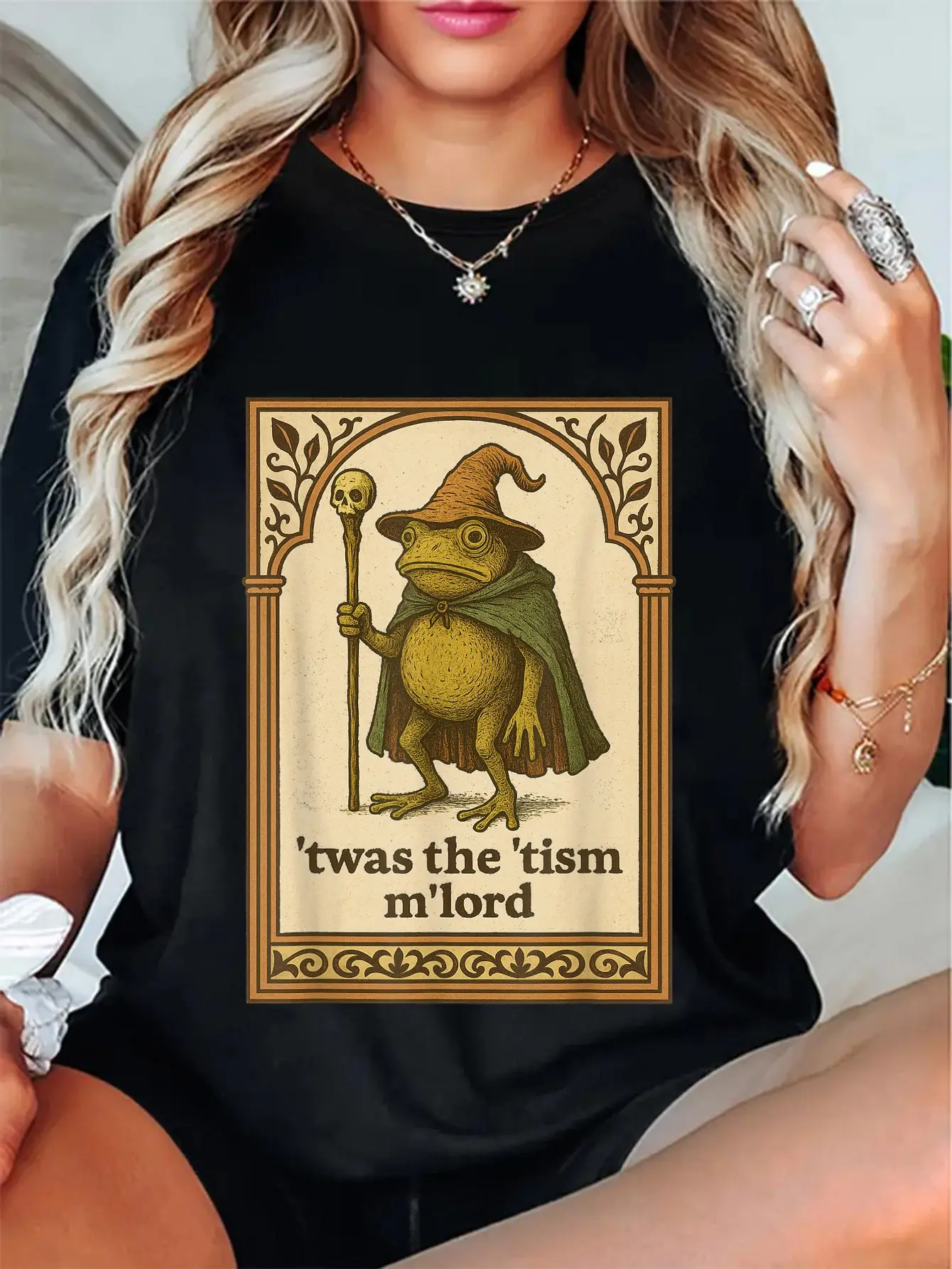 Women's Graphic Casual Tee - Funny 'Twas the 'Tism Frog Wizard Print, Breathable Soft Cotton, Short-Sleeve Round Neck, Vintage Streetwear, Standout Vibe, Soft Cotton for All-Day Wear