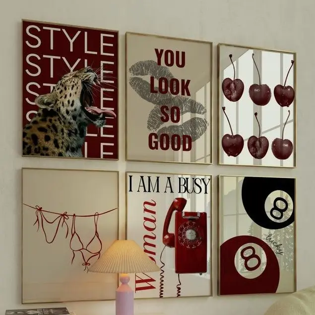 Leopard Set of 6 Red Style Aesthetic Retro Girly Wall Art Print