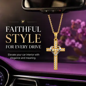 Elegant Crystal Cross Car Hanging Charm | Bling Gold Crucifix Pendant with Silver Heart | Christian Faith Rearview Mirror Jewelry | Luxury Meaningful Auto Interior Decor