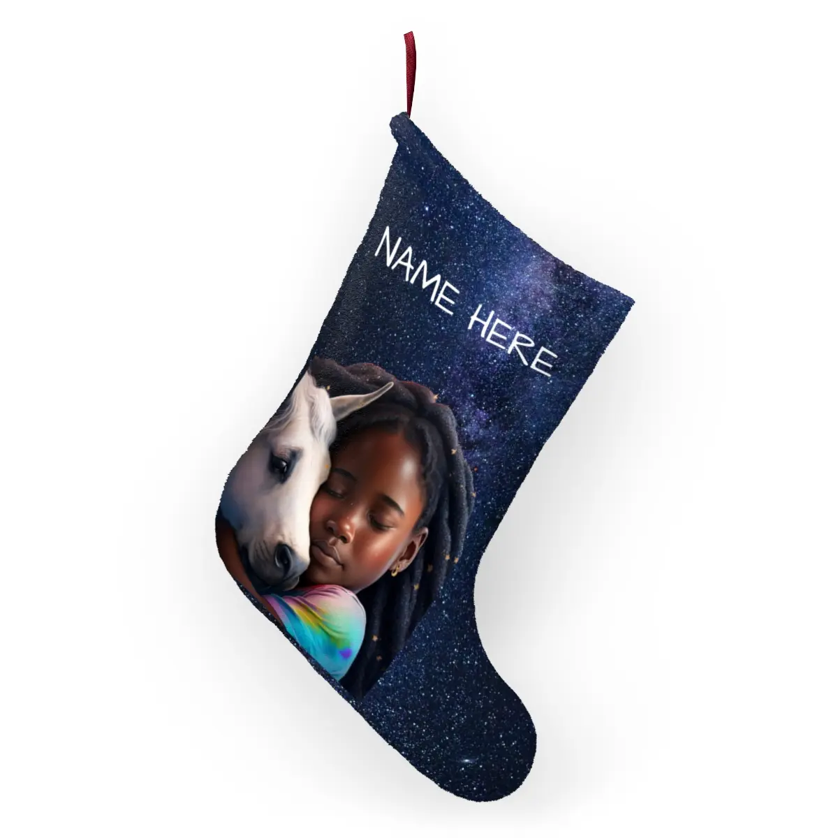 Printify Personalized Black Unicorn Christmas Stocking - Customizable with Kid’s Name, Soft Polyester Fleece, Festive Prints, Hanging Loop, 3" Twill Ribbon, Black Girl Gift, Home Festive Decoration