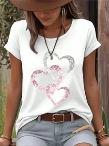 Women's Milk Silk Fabric Fitted Round Neck T-Shirt, Short Sleeve Heart Pattern, Comfortable Breathable Lightweight Casual Fashion, Summer Travel Outerwear, Top, Womenswear