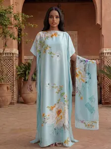 Women Floral Print Long Robe Set, Elegant Fashionable Beach Cover-Up & Scarf Headband, All-Season Sun Protection Satin Silk Shawl, Swimwear Coverups