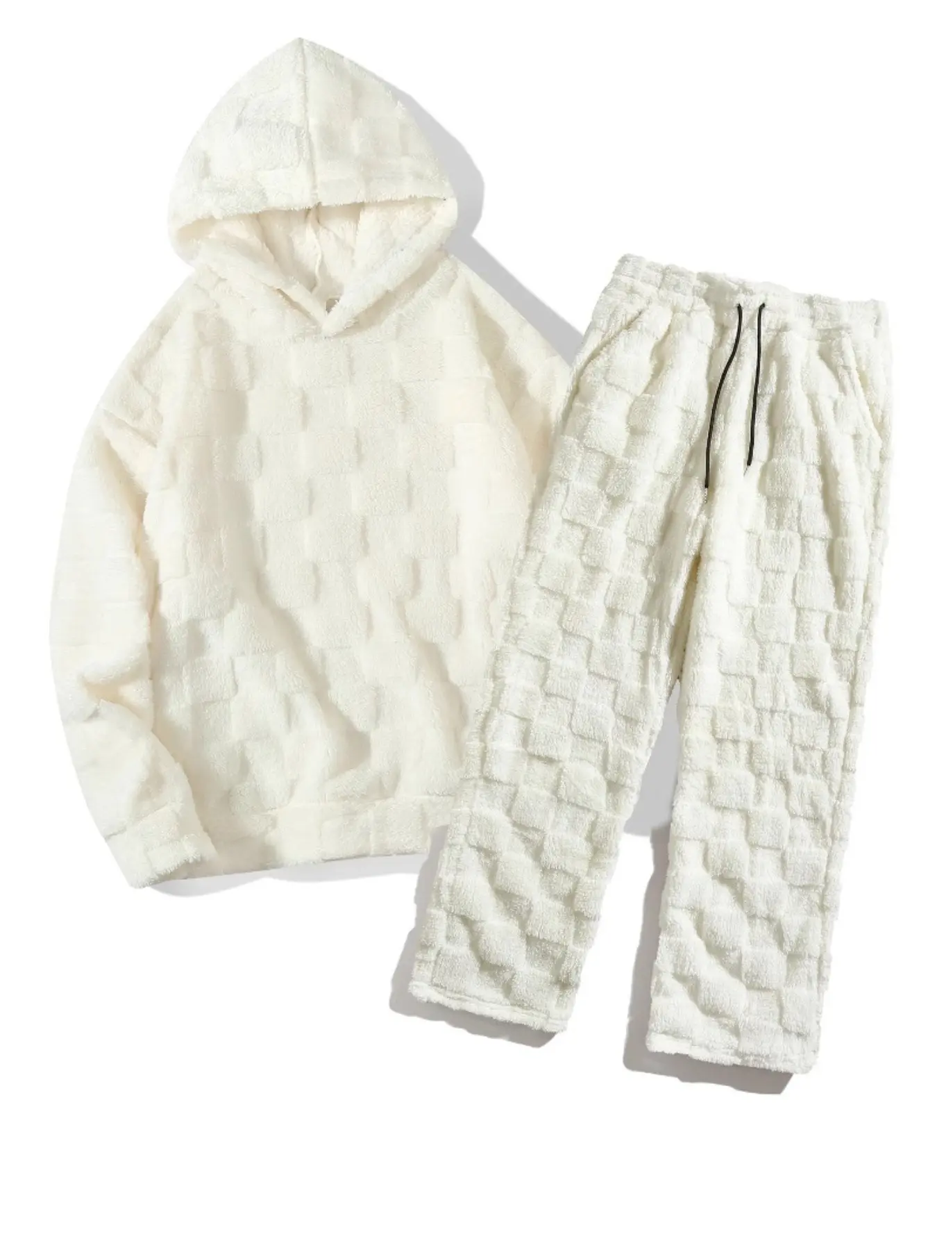 Men's Plush Fluffy Checkered Tracksuit, Hoodie & Joggers Set, Soft Fluffy Fabric, Casual & Lounge Wear, Textured Sweatsuit, Hooded Tracksuit Set