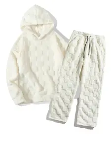 Men's Plush Fluffy Checkered Tracksuit, Hoodie & Joggers Set, Soft Fluffy Fabric, Casual & Lounge Wear, Textured Sweatsuit