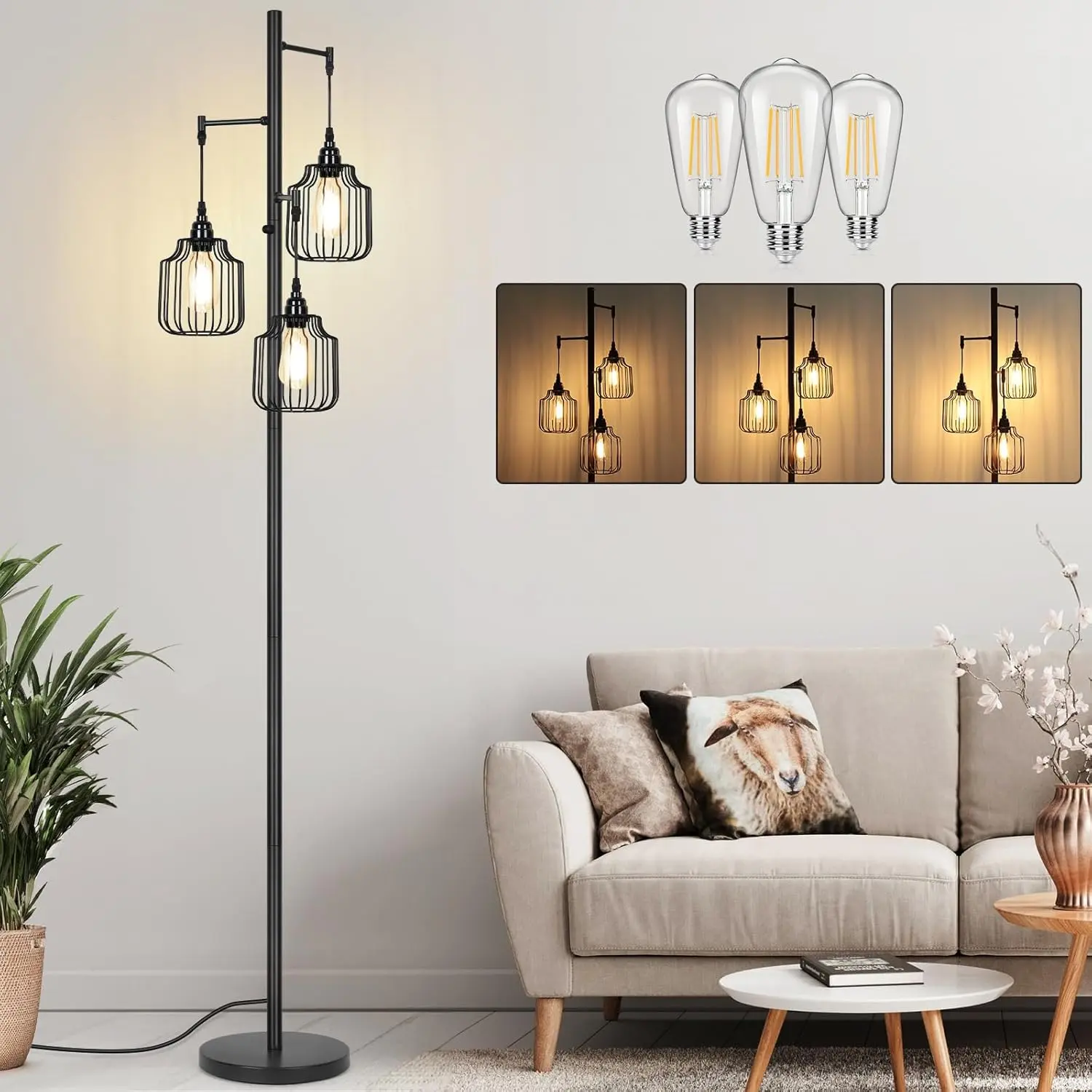 Dimmable Floor Lamp with 3 x 800LM LED Edison Bulbs, Tall Standing Lamp for Living Room, Farmhouse Corner Floor Lamp,Bright Industrial Rustic Vintage Tree Pole Light with Cage for Bedroom Office
