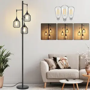 Dimmable Floor Lamp with 3 x 800LM LED Edison Bulbs, Tall Standing Lamp for Living Room, Farmhouse Corner Floor Lamp,Bright Industrial Rustic Vintage Tree Pole Light with Cage for Bedroom Office