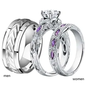 Ringcrown Couple Rings Matching Ring Purple CZ White Gold Plated Women Wedding Ring Sets For Him And Her Ring Sets Men Titanium Steel Wedding Band