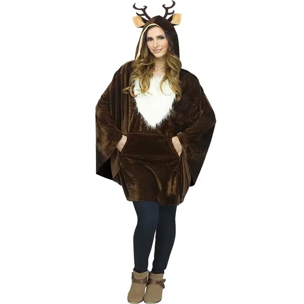 HalloweenCostumes Men's Thick Plush Reindeer Poncho Costume Clothes with Kangaroo Pocket, Festive Occasion Accessories