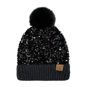 CC Sequin Pom Beanie for Women - Soft Warm Knit Winter Hat with Yarn Pom, Stretchable Acrylic Skully with Shimmering Sequins - HTE 0012