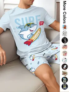 Men's Cartoon Shark Print Tee & Shorts Pajama Two-piece Set, Regular Fit Casual Comfy Round Neck Short Sleeve T-shirt & Shorts PJ Set, Men's Sleepwear Loungewear for Summer