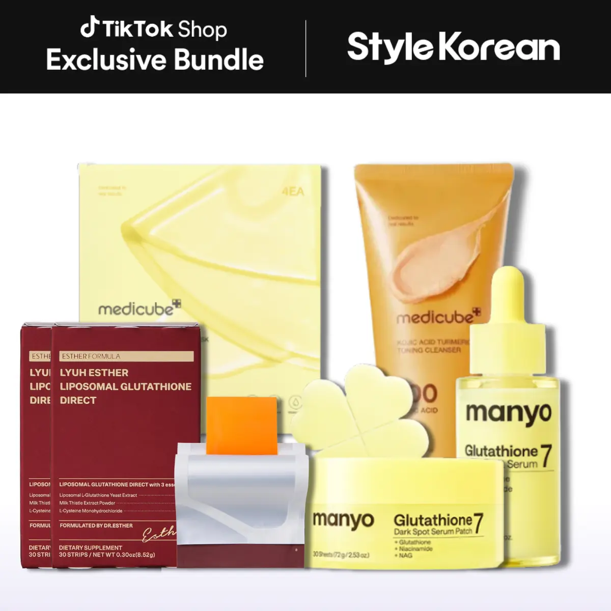 [StyleKorean] Dark Spot Correction Set | Glutathione + Kojic Acid Brightening Routine | Manyo Glutathione Serum, Patch & High-Absorption Film, Medicube Kojic Acid Cleanser, Gel Mask | Targets Dark Spots, Uneven Skin Tone & Inner Glow