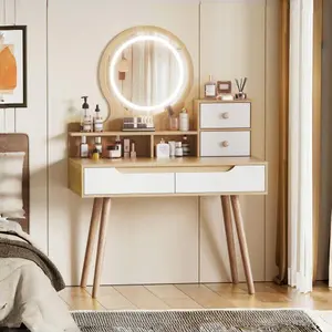 Makeup Vanity Desk, Modern Dressing Table with LED Mirror, 4 Drawers and 3 Open Shelves for Bedroom Dressing Room, 3 Color Lighting Brightness Adjustable, Solid Wood Frame, Easy Assembly, White & Oak