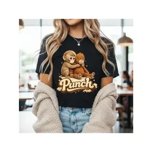 cotton Women's Casual T-Shirt Black Monkey Drinking Iced Coffee With Plush Toy Graphic Design For Everyday Wear And Coffee Lovers #     TeamPunch, #     Punchthemonkey