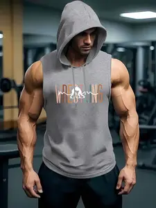 Men's Training Hooded Sleeveless Tank Top, Breathable Muscle Vest with Wrestling Graphic, Casual Fitted H-Type Workout Shirt, Athletic Training Apparel