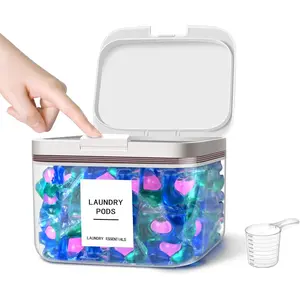 94oz/2.8L Laundry Pods Container for Room Organization, Pod Up Holder With 30 Labels and Scoop, Detergent Powder Container, Dryer Sheet Holder, 150 Pods