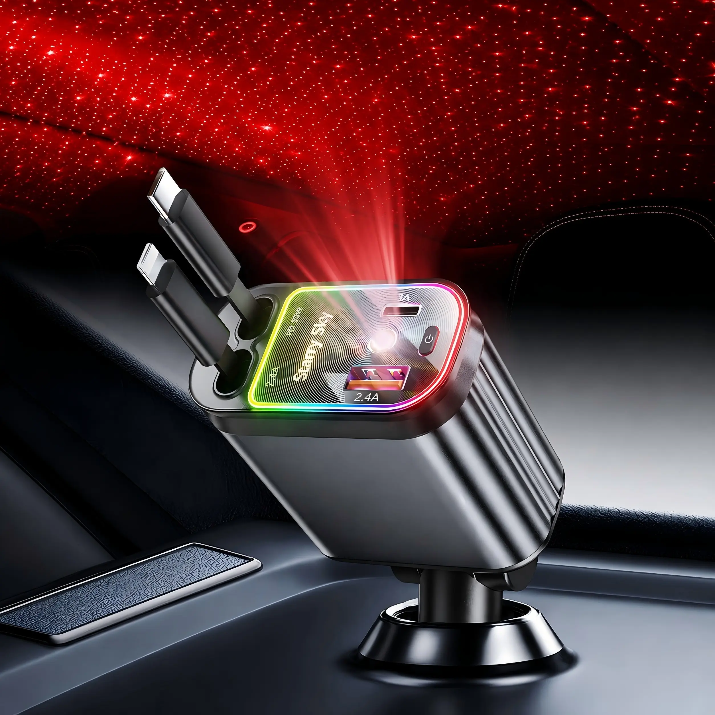 66W Retractable Automotive Charger - 4-in-1 Super Fast Charge PD Quick Charge Adapter with Starlights, Type-C Cable for All Phone Models