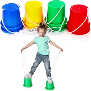 4 Pairs Balancing Stilts Walking Bucket Stilts Plastic Walking Stilts Toy with Adjustable Rope for Preschool Playground Indoor Outdoor Obstacle Course Games, 4 Colors