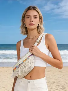 Boho Style Straw Waist Bag with Rainbow Embroidery, Adjustable Shoulder Strap, Perfect for Vacation & Commuting Crossbody Bag