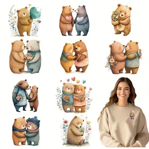 12pcs Valentine's Day Love Bear DIY Heat Transfer Stickers - Washable DTF Decals for T-Shirts, Masks, Jeans & Backpacks