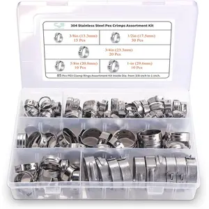 PEX Clamp Assortment Kit, 85 count Stainless Steel PEX Fittings Crimp Rings Cinch Clamps Sizes 3/8'', 1/2'', 3/4'', 5/8'', 1'' for PEX Tubing Pipe Fitting Connections (Assortment Kit)