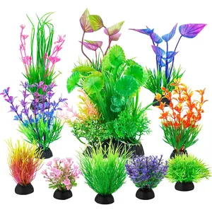 Fish Tank Decorations Aquarium Artificial Plastic Grass Plants Decor Small Betta Goldfish Turtle Tank Accessories (11 Pieces)